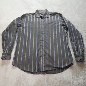 Bugatchi Uomo Black Blue Striped Button Preppy Casual Dress Shirt Mens Size XL